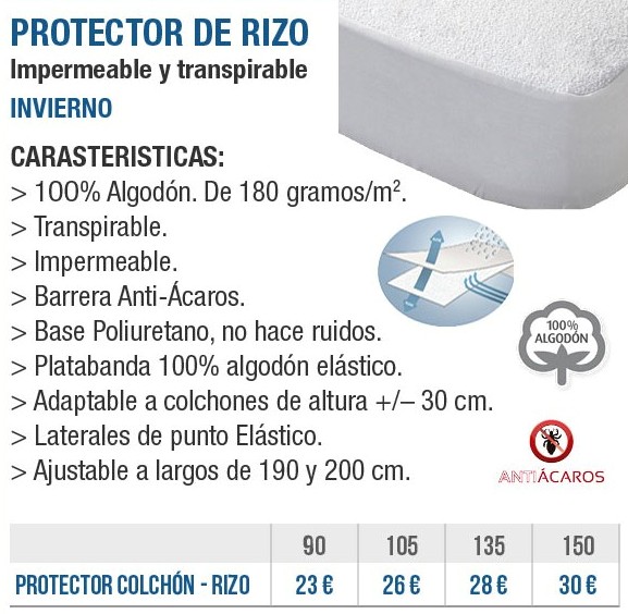 Protector de colchón rizo 105x190/200 cm 100% algodón